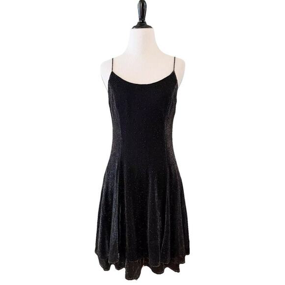 Vintage 80s 90s Black Silver Festive Swing Skater Mini Dress M/L USA Union Made - Picture 1 of 13